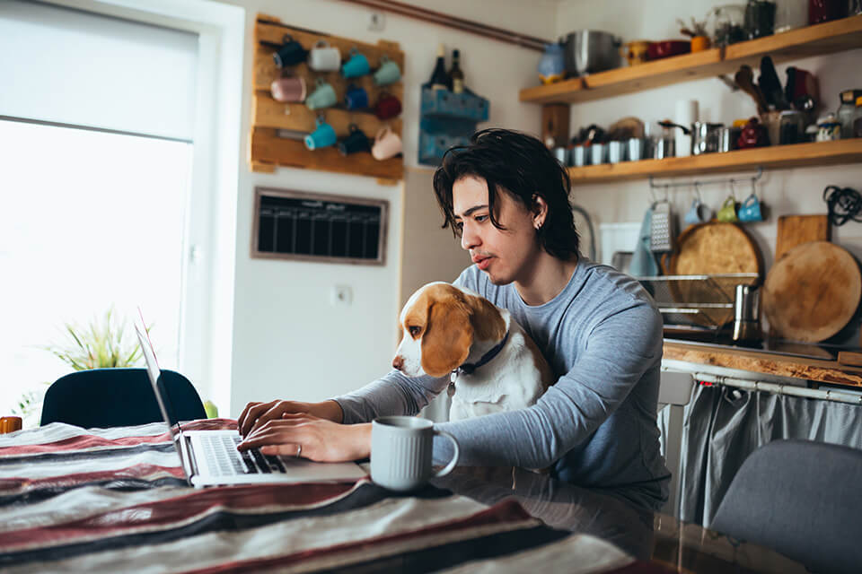 a young man and his dog type something on the laptop